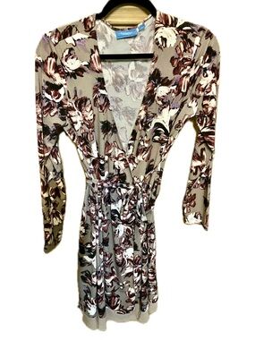 Floral Long-Sleeve Wrap Dress in Taupe and Burgundy